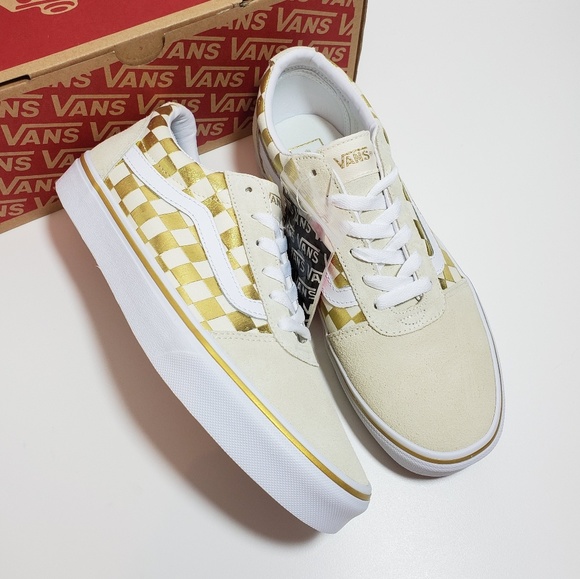 gold and white checkered vans